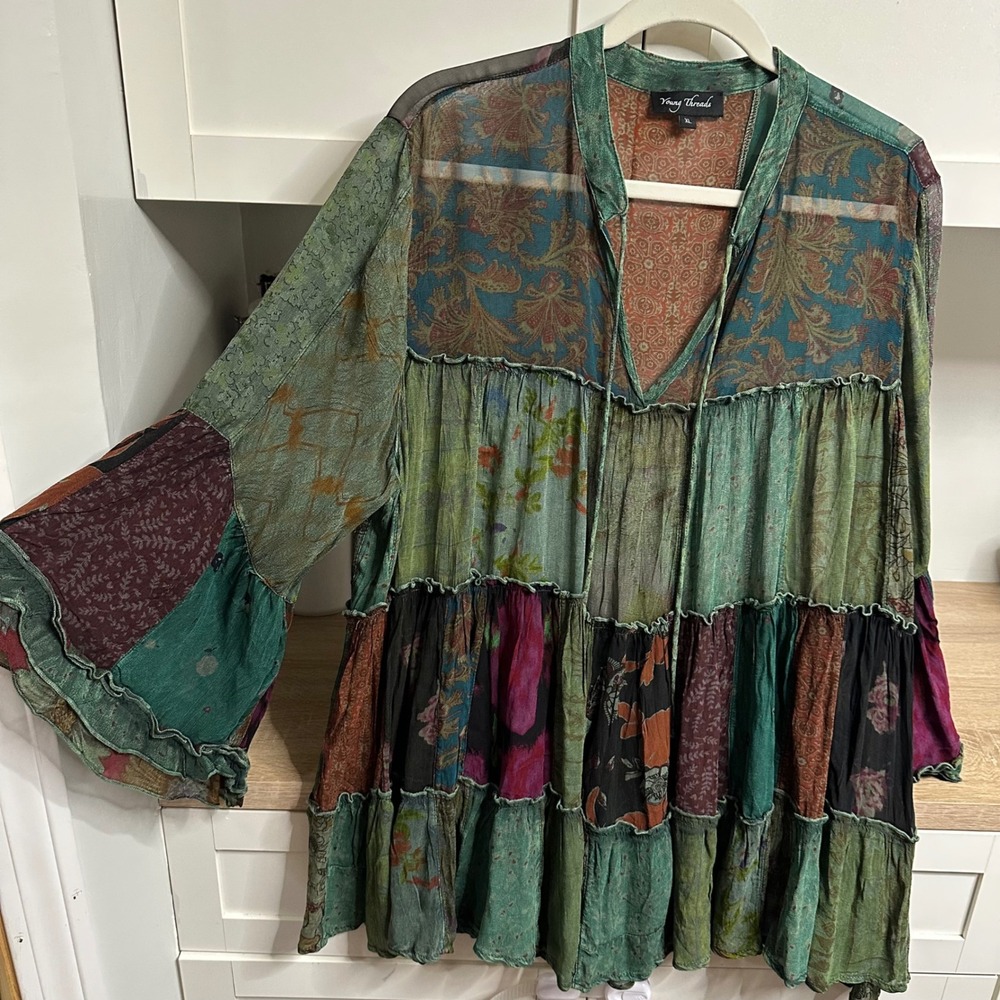 Young Threads Patchwork Tunic US XL Boho Tiered Bell Sleeve Meadow Basil Earthy